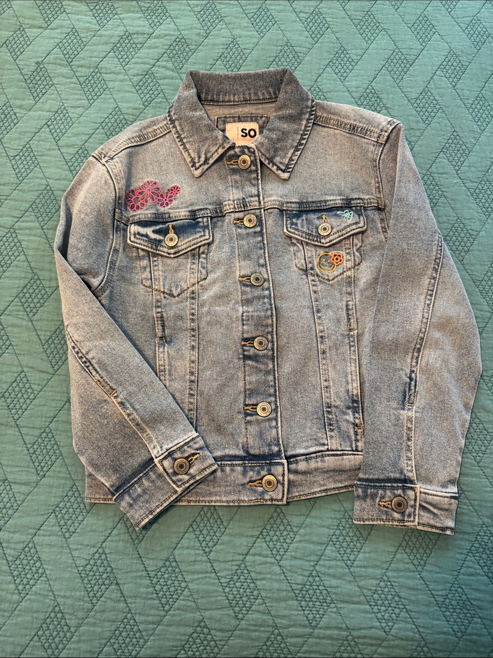 SO Light Wash Denim Jacket with Pink and Orange Floral Embroidery
